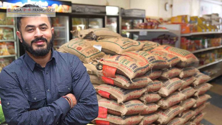 A man in front of stacks of produce as one of E2 Visa businesses