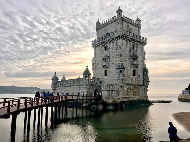 Belem tower with bridge and blue sky