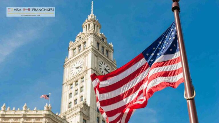 The US flag in front of the an old architecture building